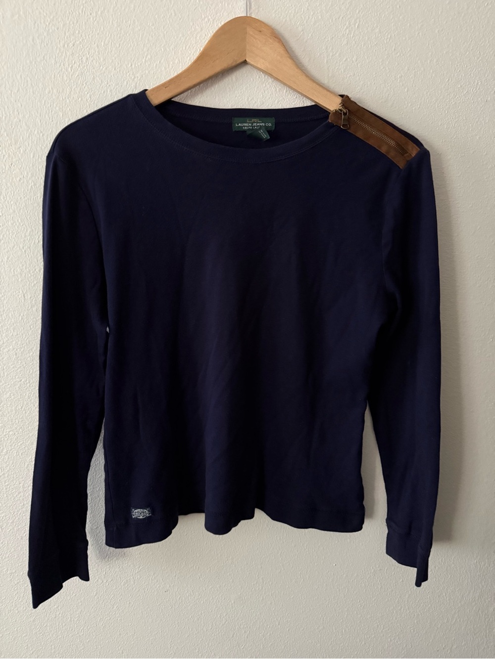 Lauren Ralph Lauren Navy Long Sleeve Top with Brown Shoulder Zip Accent